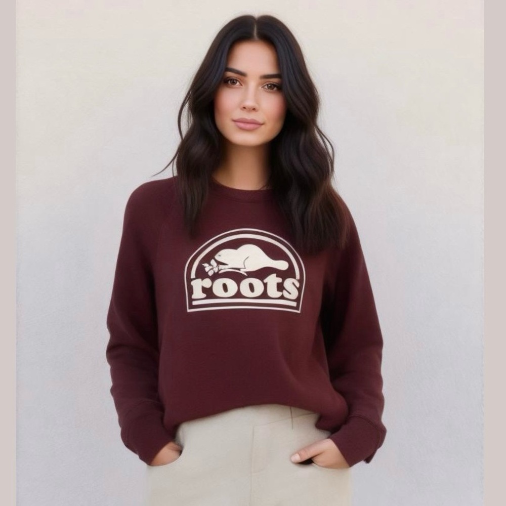 Roots Burgundy Fleece Crewneck Classic Sweatshirt Cotton Beaver Logo, Sz S